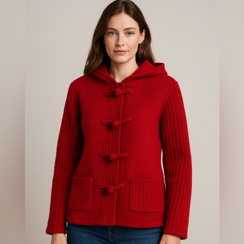100% Wool Red Zip Up Hooded Sweater Large Toggle Buttons Holiday Christmas Party